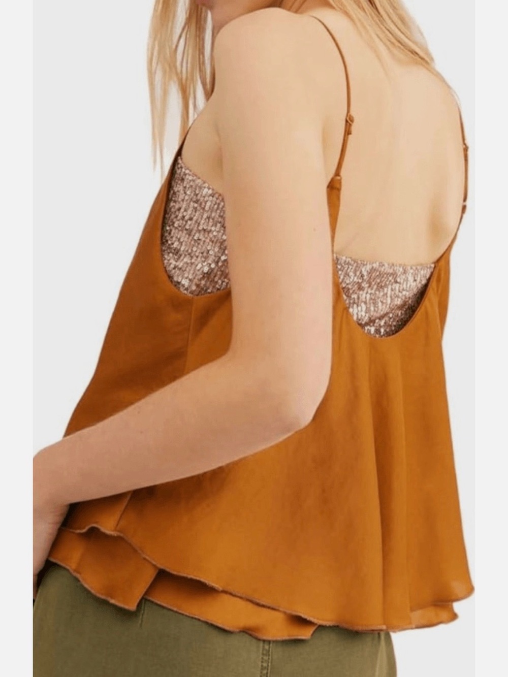 Free People Intimately Turn It On Sequins Rust Orange Satin Layered Cami Medium